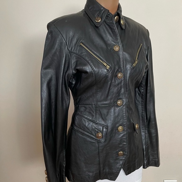 Women's CLOUT RELATED FASHIONS Black Leather FITTED Military BUTTON Front JACKET - Picture 1 of 8